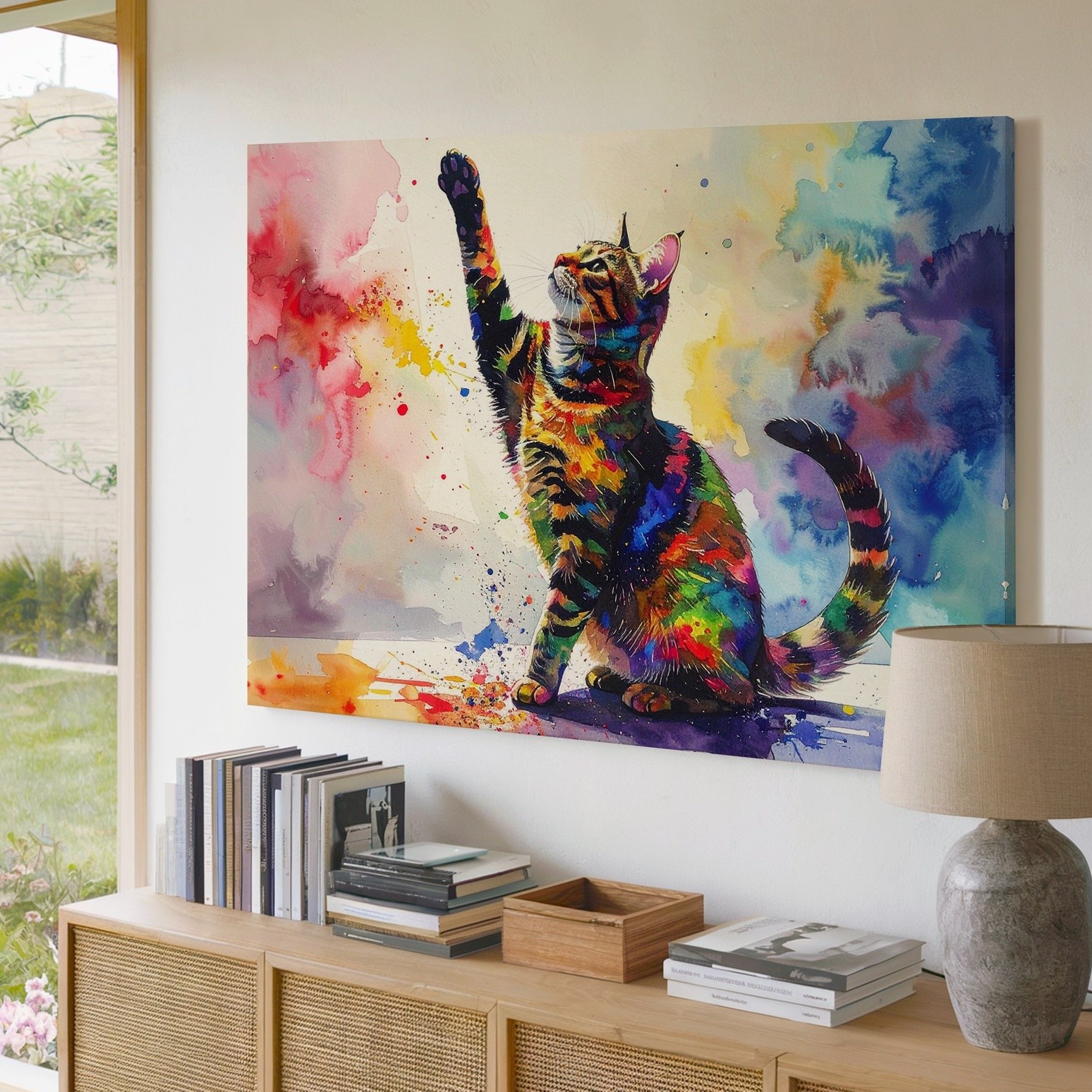 Dynamic Abstract Cat Canvas Colorful Watercolor Feline Art Embrace The Energy