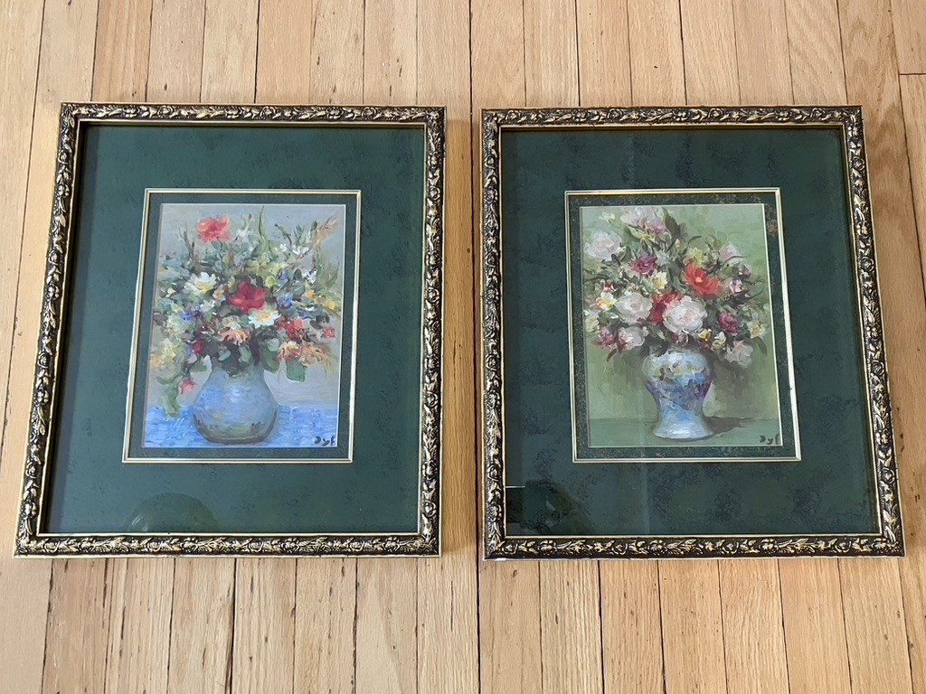 Vintage pair of framed prints by impressionist Marcel Dyf floral bouquets
