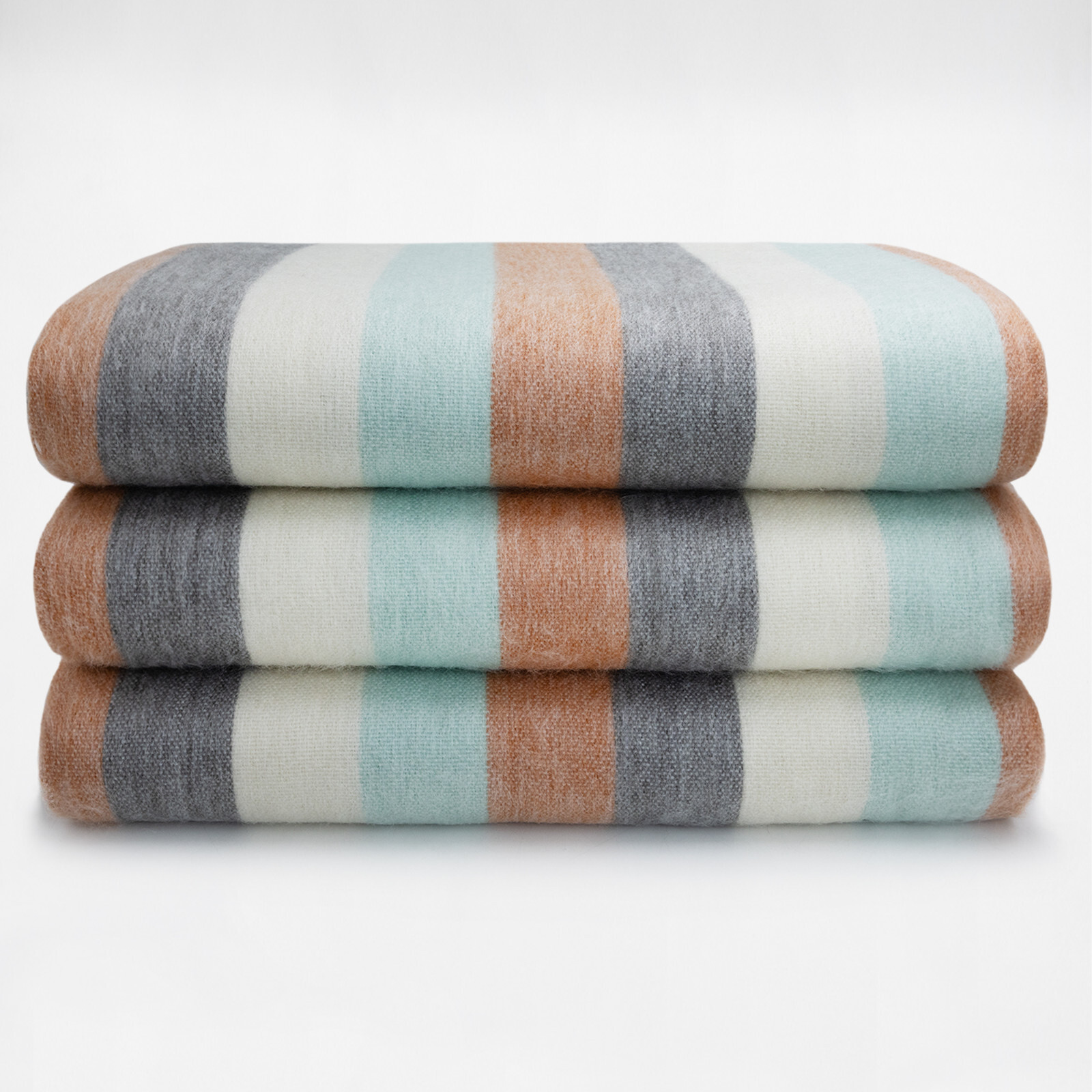 TRANQUIL STRIPED ALPACA WOOL BLEND BLANKET – 97×67 | AQUA, SLATE & CLAY | QUEEN
