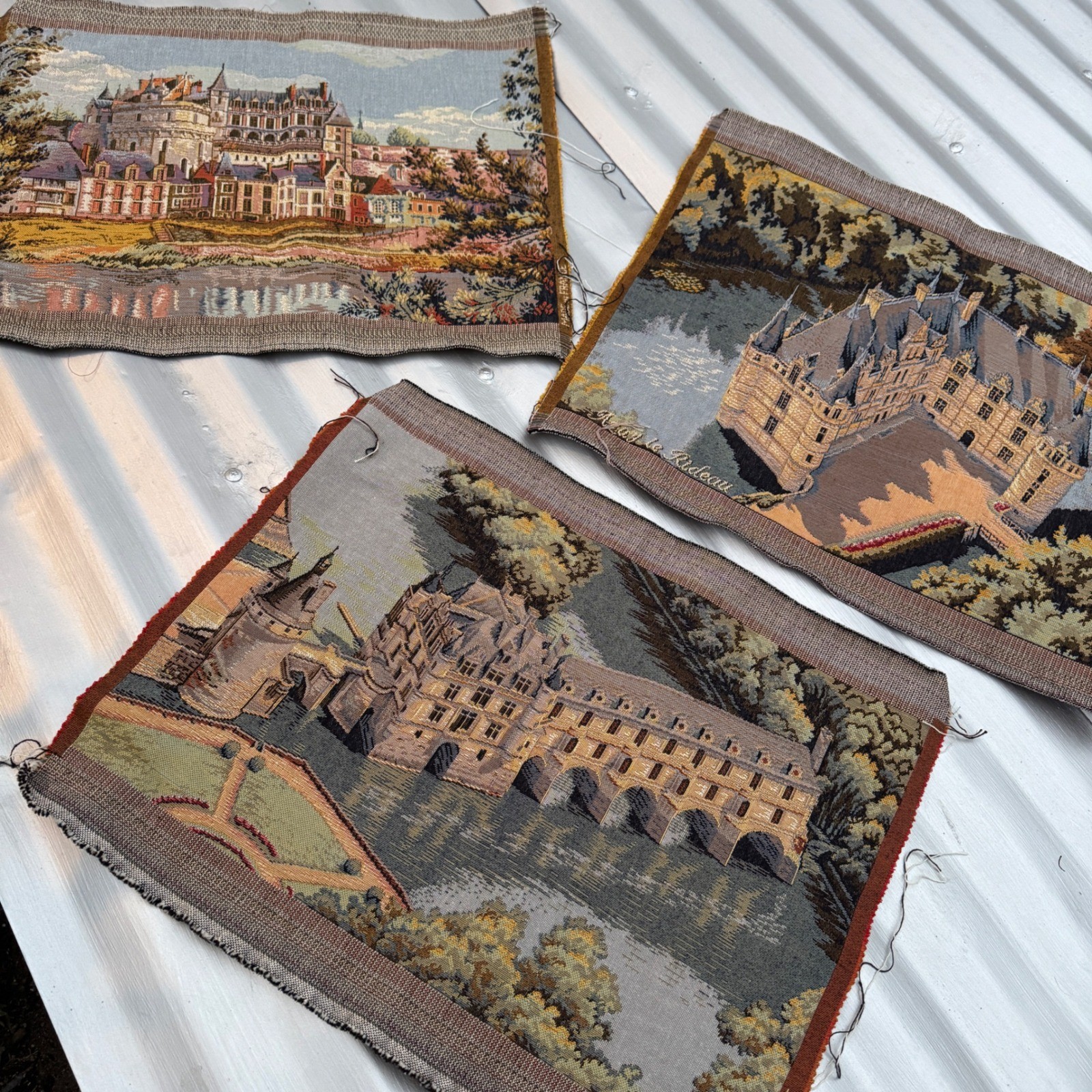 Vintage French Midcentury Loire Valley Chateau Tapestry Set 3pc Jacquard 19×14