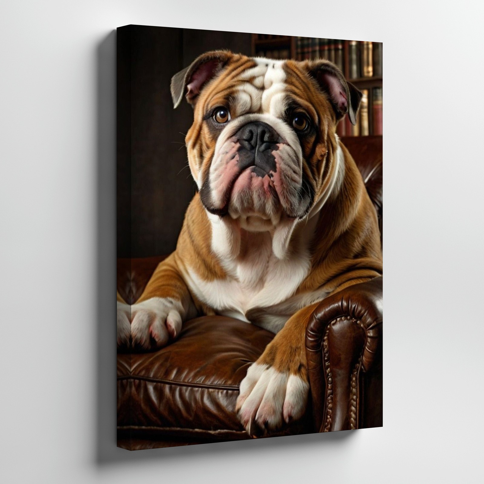 English Bulldog Portrait Canvas Wall Art Brown Leather Chair Dog Print Home
