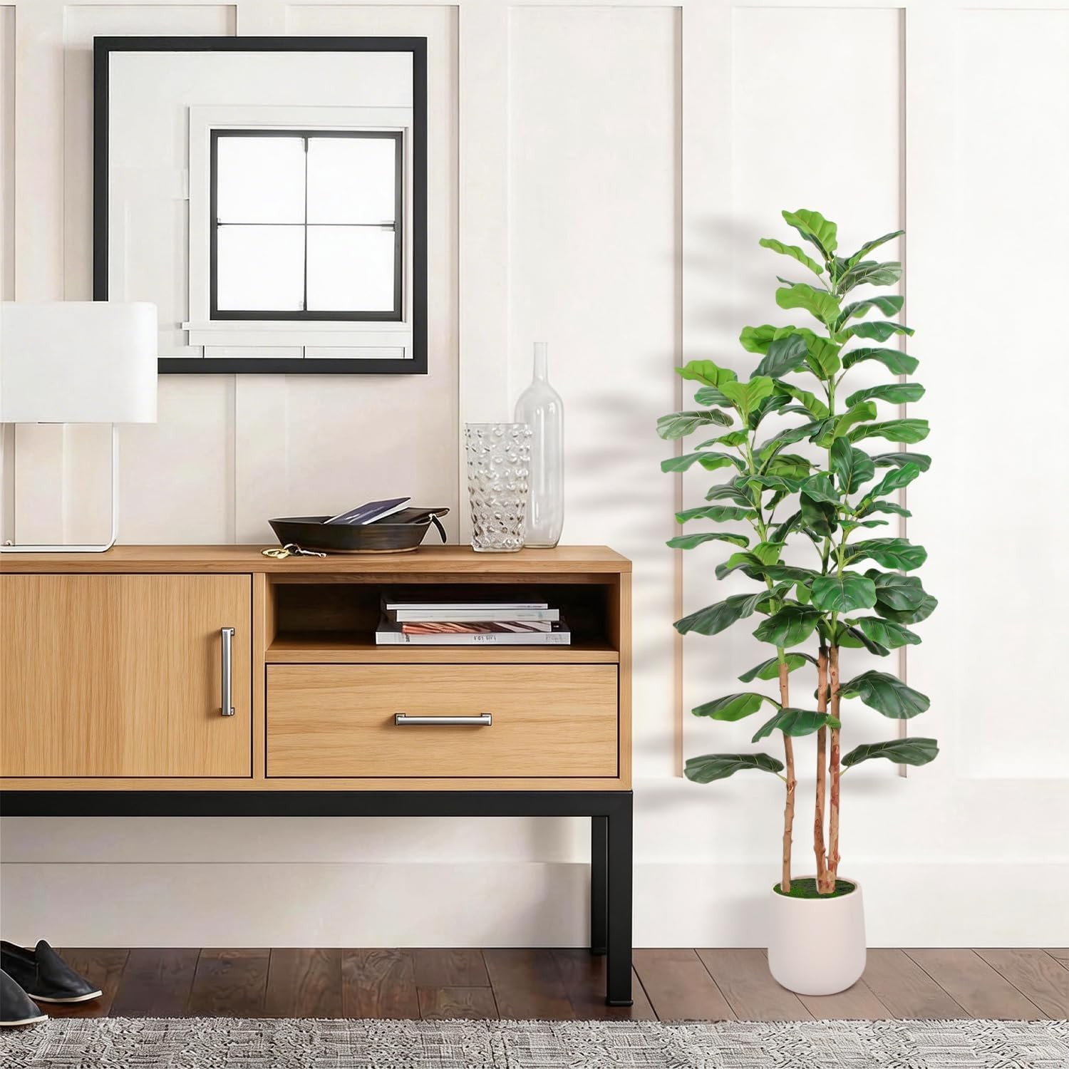 Artificial Fiddle Leaf Fig Tree with White Planter, 5ft Tall Faux Ficus Tree
