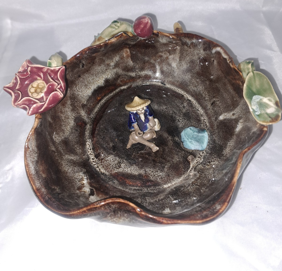 Asian Chinese Mudman Figurine Ceramic Drip Glazed Lotus Bowl wit Turtle Pls Read