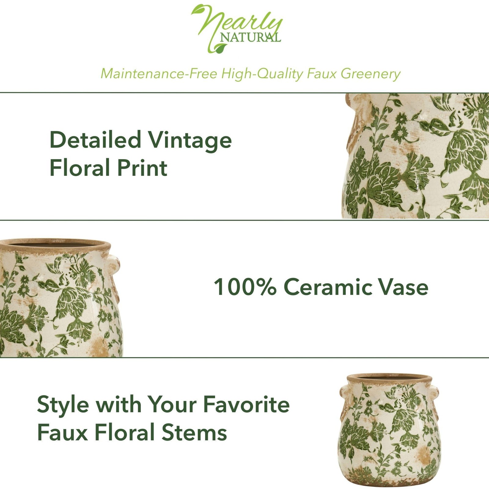 Nearly Natural 6.5in Ceramic Decorative Vase Tuscan Style Green Floral Scroll