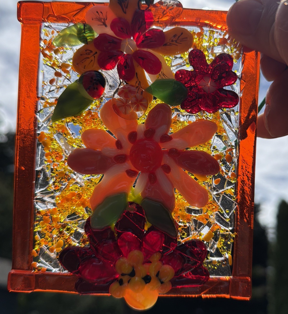 Fused Glass Handmade Flowered Rectangular Multicolor Sun Catcher Signed