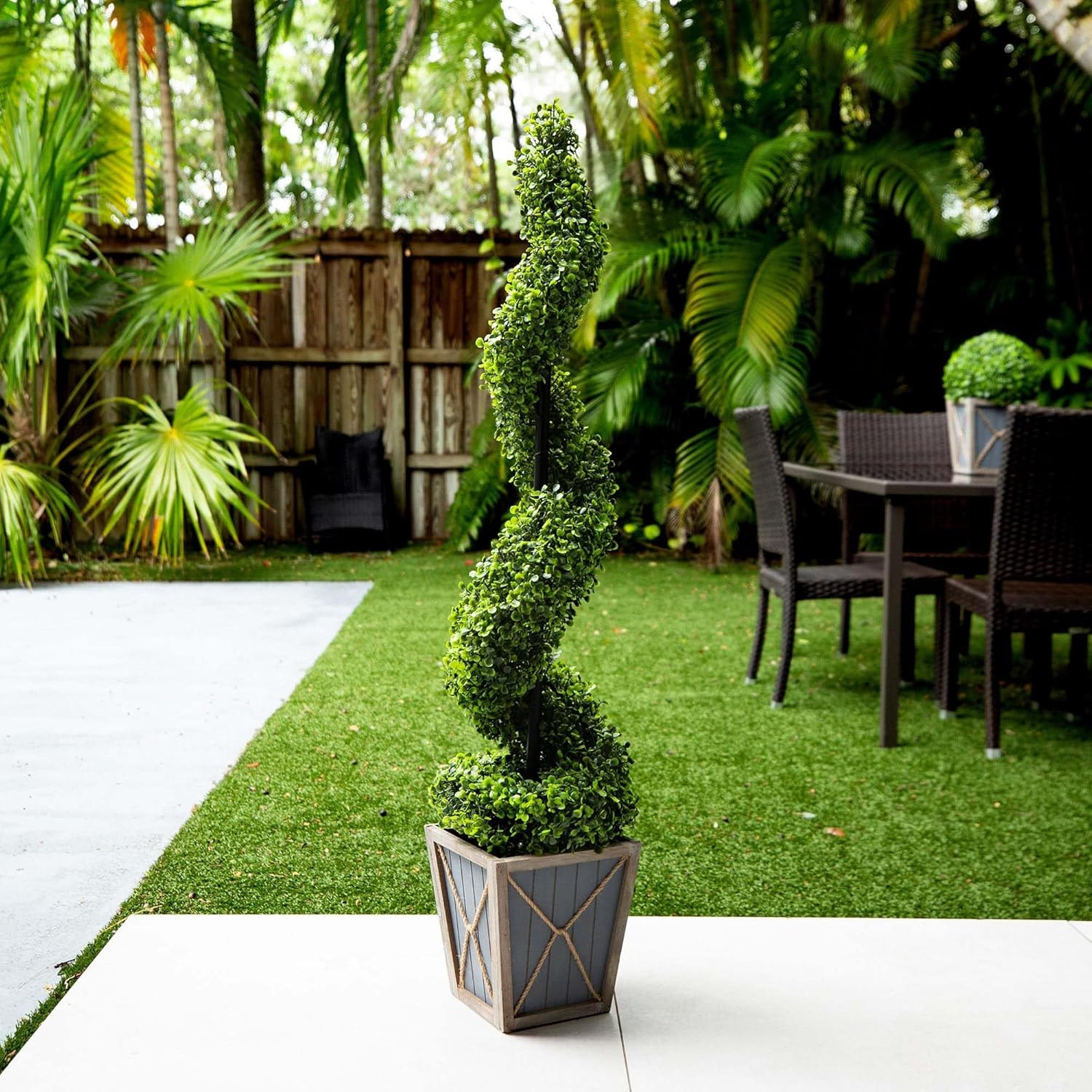 LED-Illuminated 45&Prime; UV Resistant Artificial Boxwood Spiral Topiary Tree