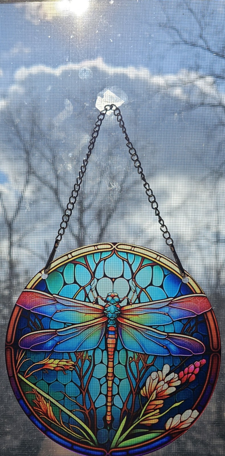 Dragonfly Sun Catcher Round Painted Glass & Metal Textured Detail Blue