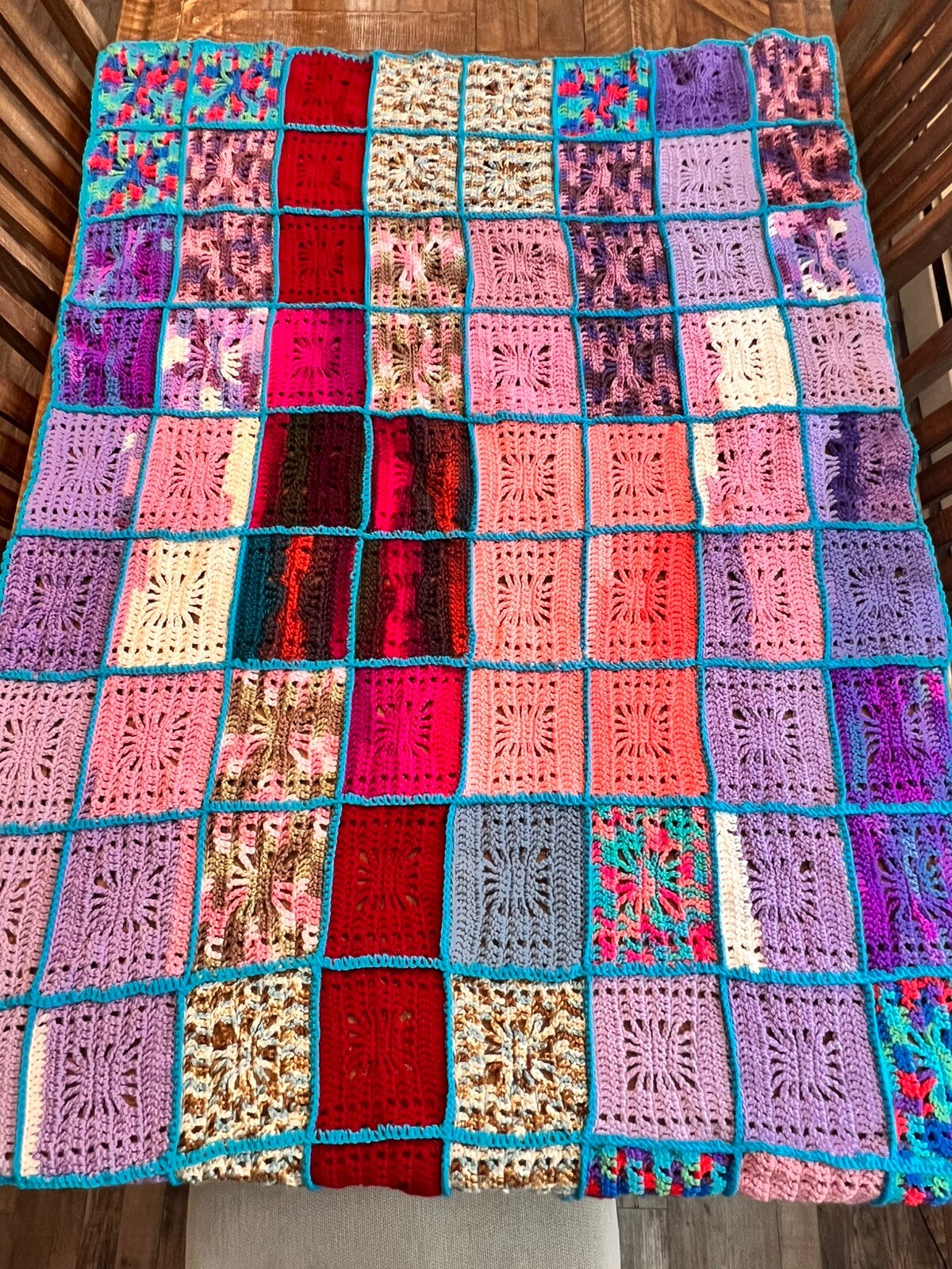 Afghan Blanket Knit Handmade Crochet Throw Blanket 60” x 44” Blue Purple Pink