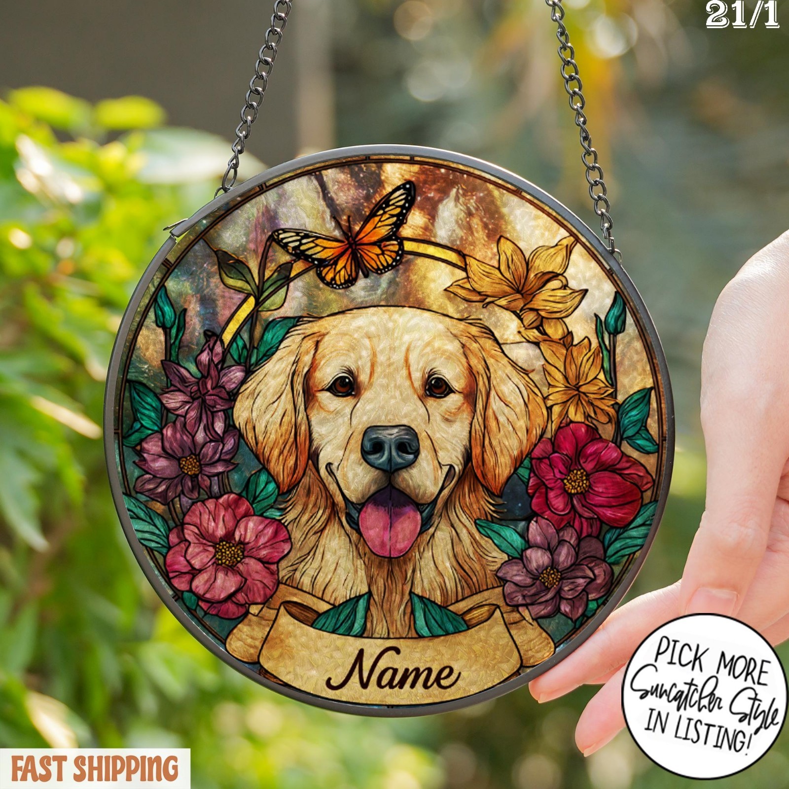Personalized Dog Portrait Glass Suncatcher, Custom Pet Memorial Stained Glass