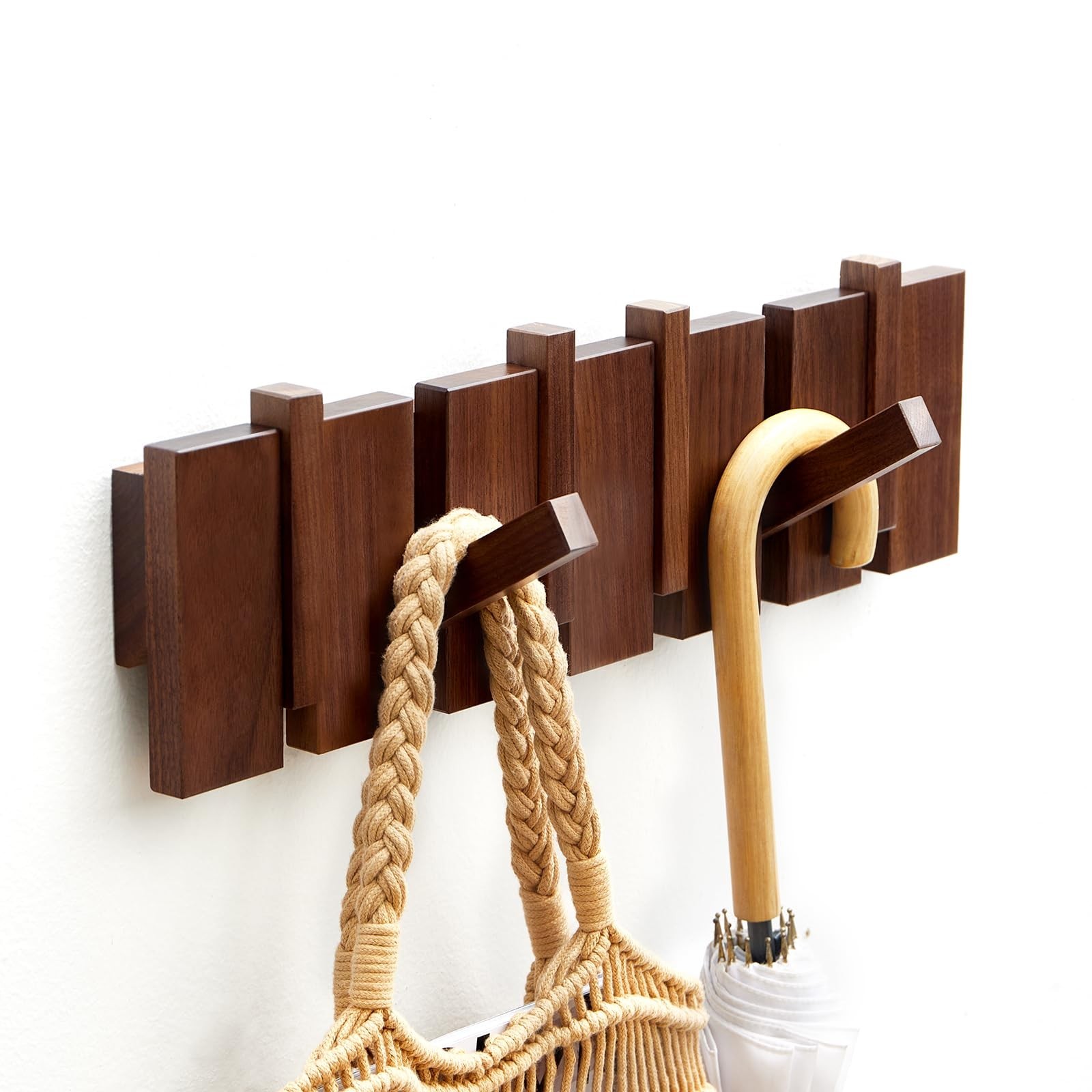 Wood Wall Mounted Coat Rack, Flip Down Wall-Mount Hook Racks with 6 Hooks, En…