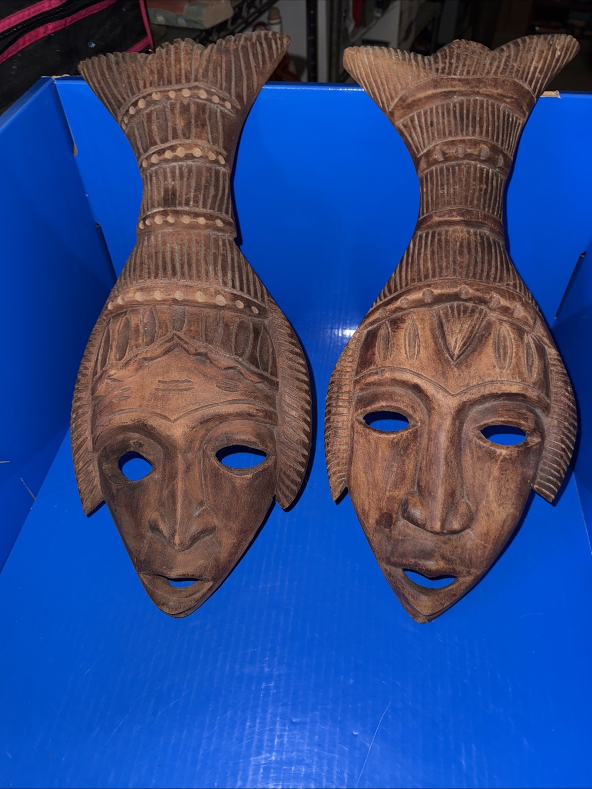 Vtg Handcarved Wooden Mask Set Of 2! Rustic Beauty! 16” Long Each