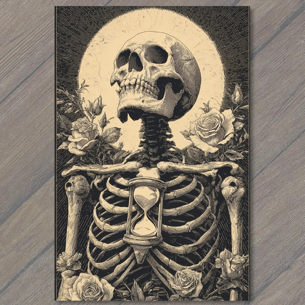 Art Print Skeleton Skull Hourglass Roses Gothic Black Cream Floral Halo Dark Mac