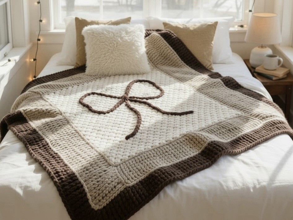 Handmade Chunky Knit Blanket Bow Design Chenille Throw Beige Brown 50×60 in