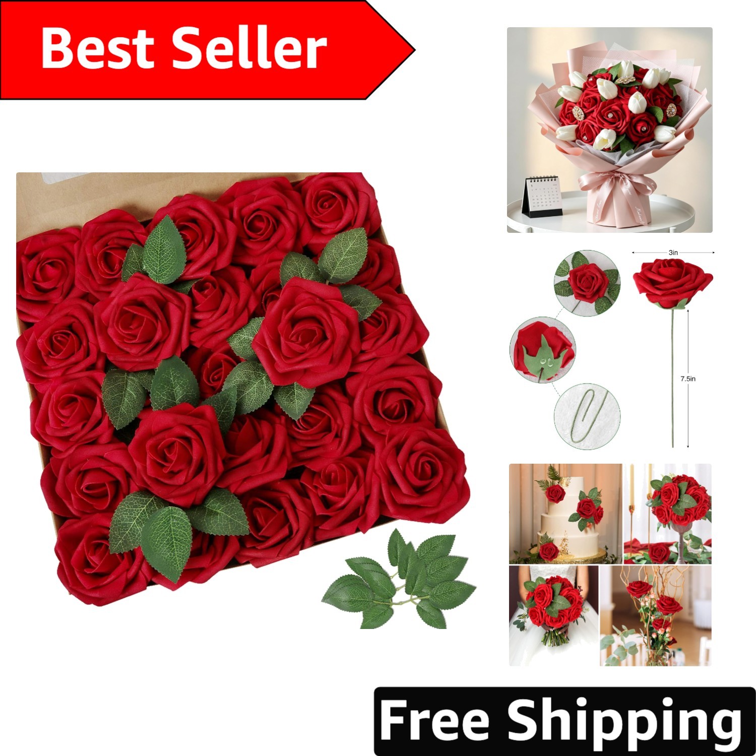 Versatile 100pcs Dark Red Foam Roses with Leaves – Perfect for Any Occasion