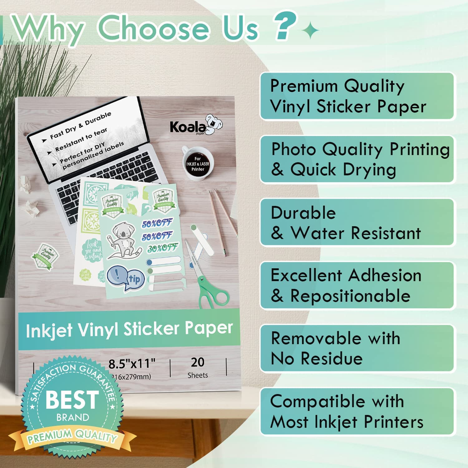 Koala Vinyl Sticker Paper Waterproof Matte White 50 Ct 8.5×11 for Inkjet Laser