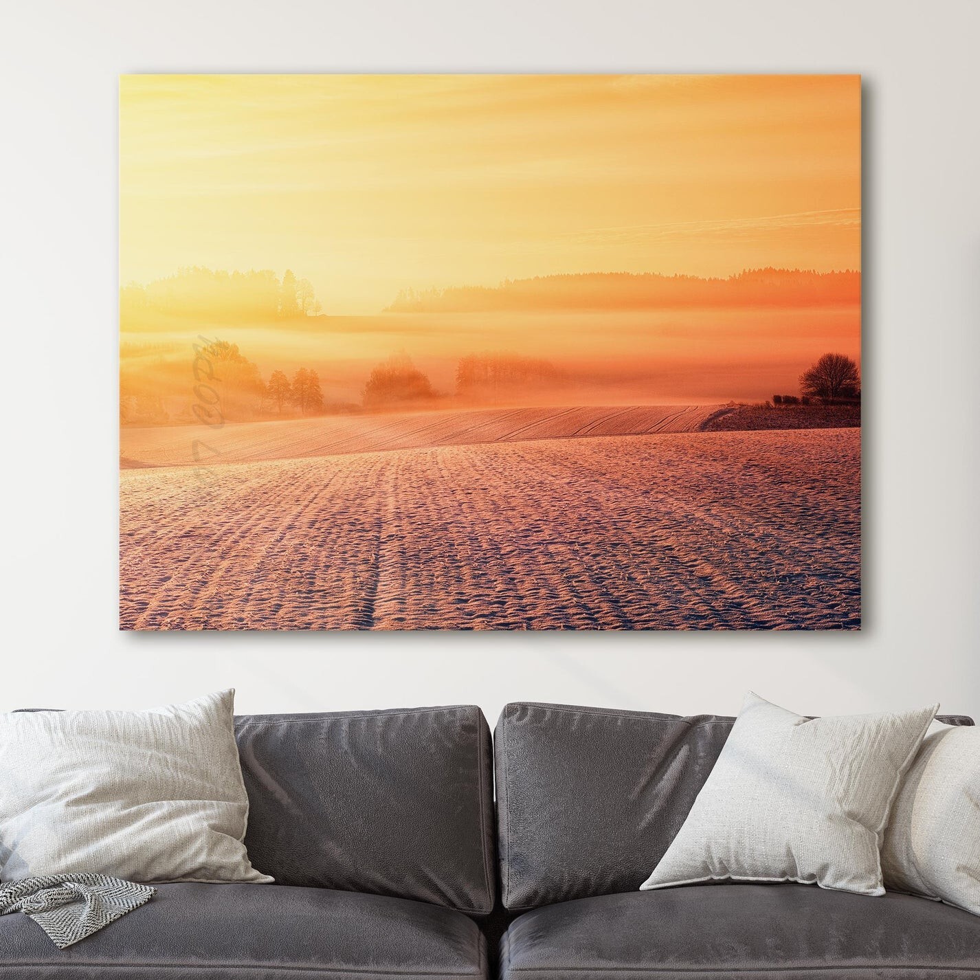 Sunset Over Snowy Fields Landscape Winter Canvas Wall Art Print