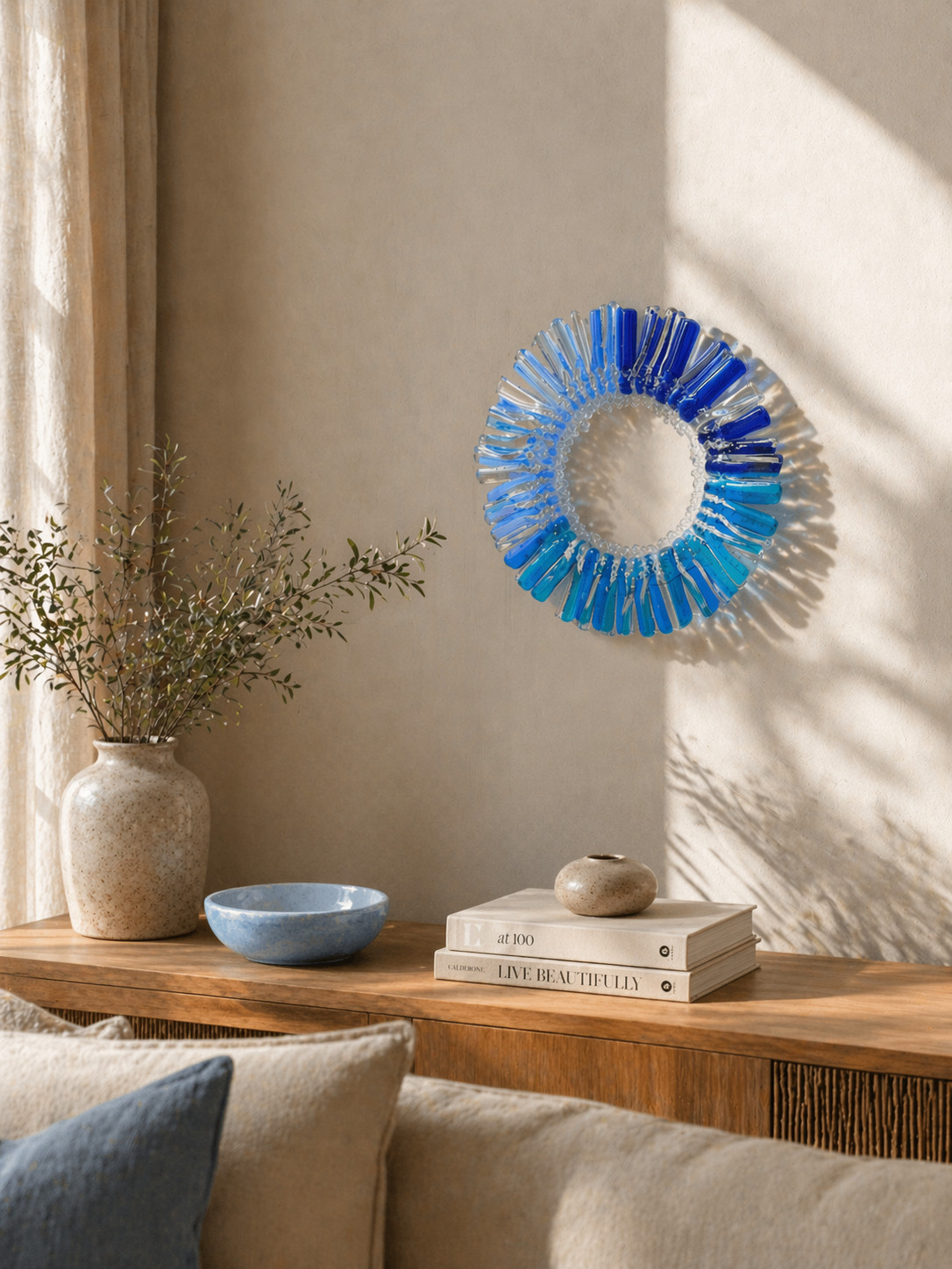 Blue Glass Sculpture 17cm Handmade, Coastal Ocean Decor, Modern Glass Art Ring,
