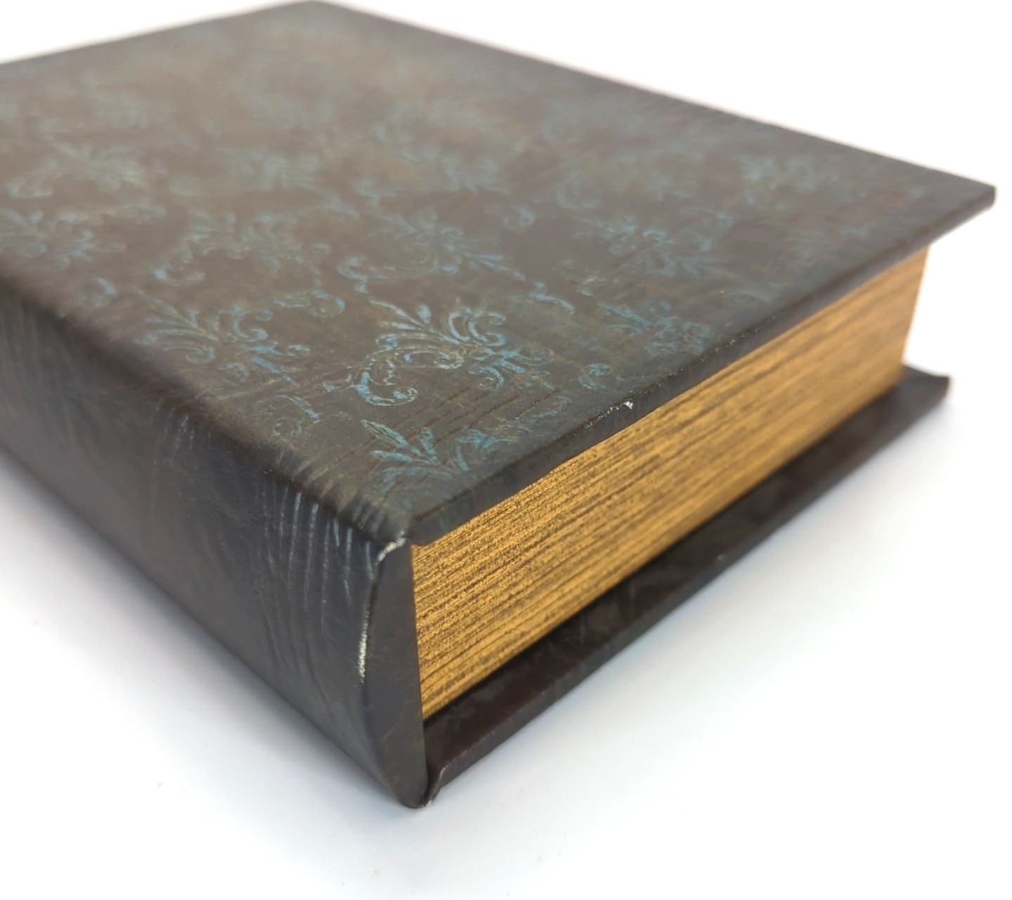 Faux Book Storage Box Secret Brown Leather Look Blue Filigree Magnet Close Lined