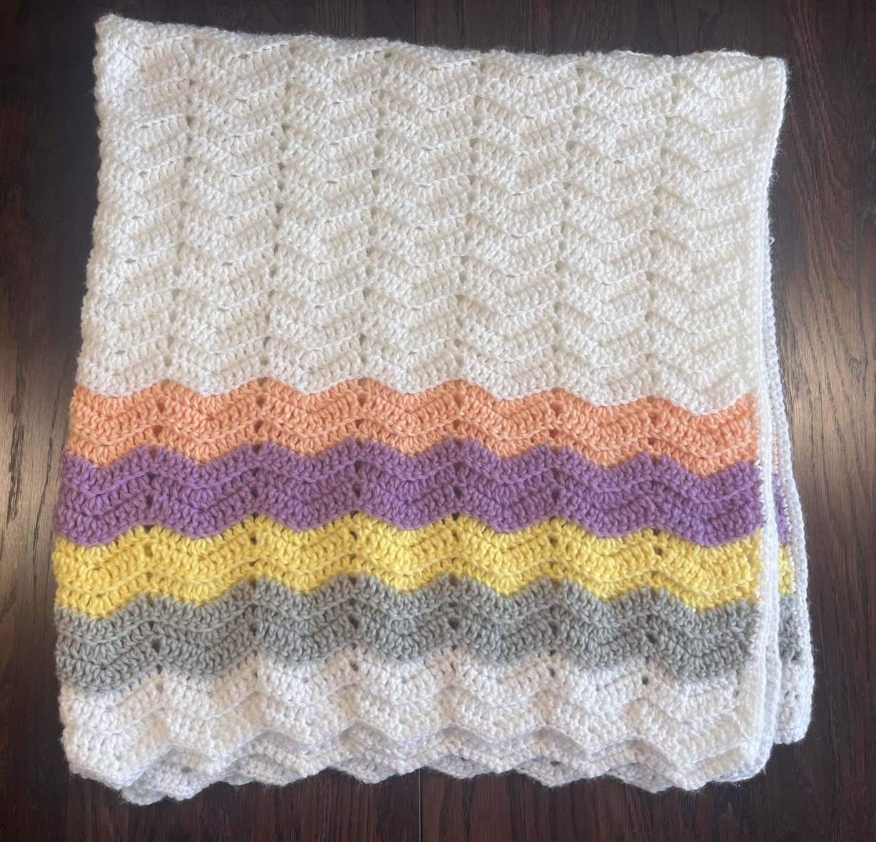 OOAK Crochet Handmade Blanket Pinked White/Pink/Purple/Yellow/Gray 36 x 40 in