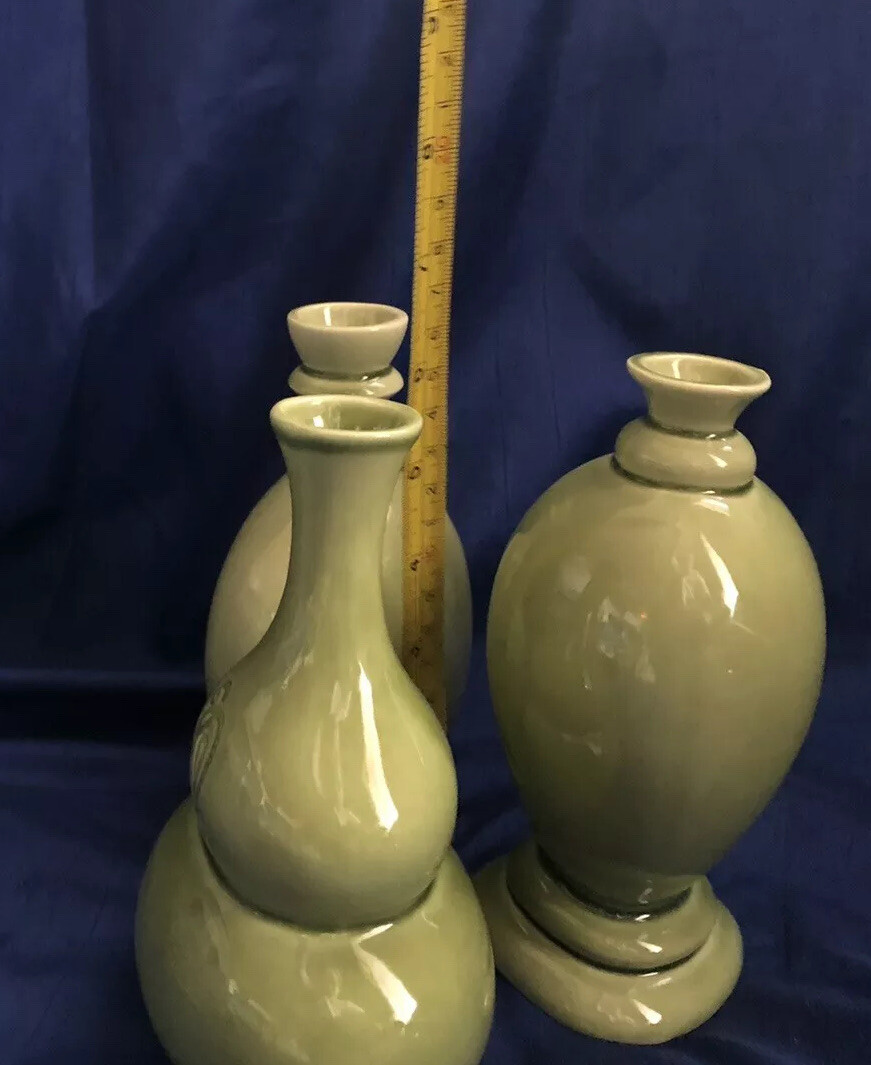 SET OF 3 VASES LIVE LOVE LAUGH GREEN VARIOUS SHAPES VINTAGE OCTOBER HILL