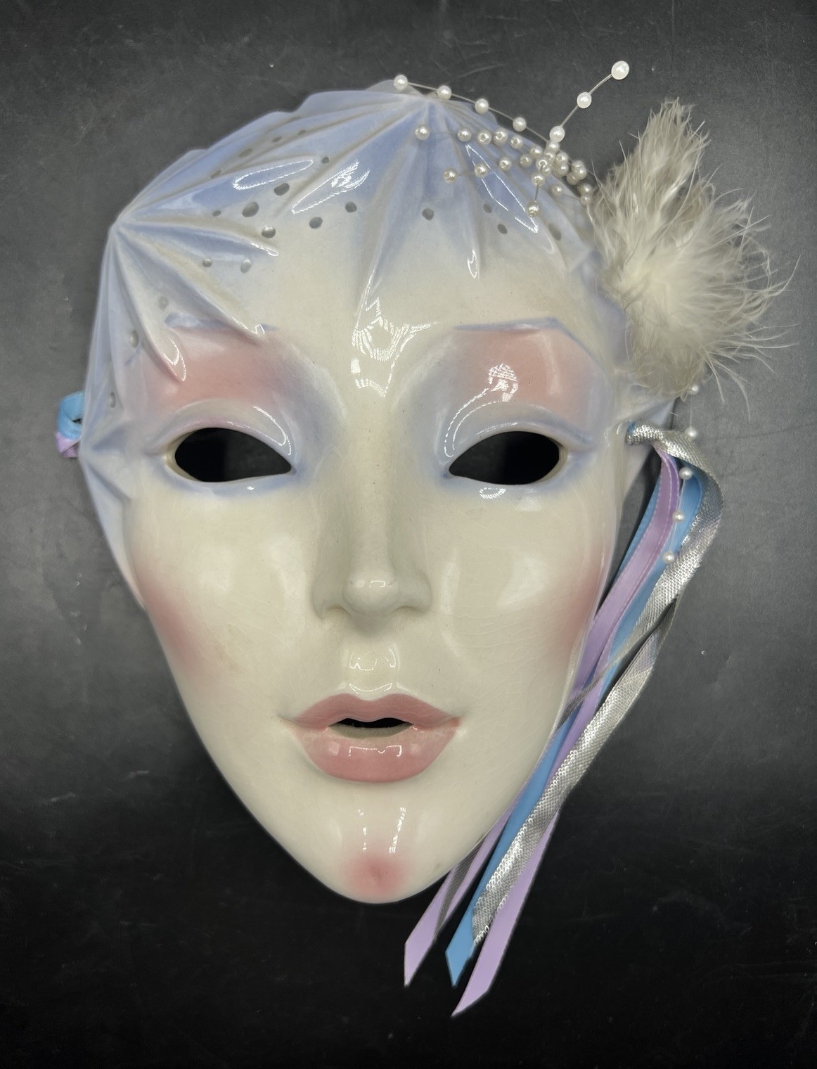 VTG CLAY ART CERAMIC FACE WALL MASK THEATRE SNOWFLAKE FLAPPER ‘88 FEMALE 8” USA