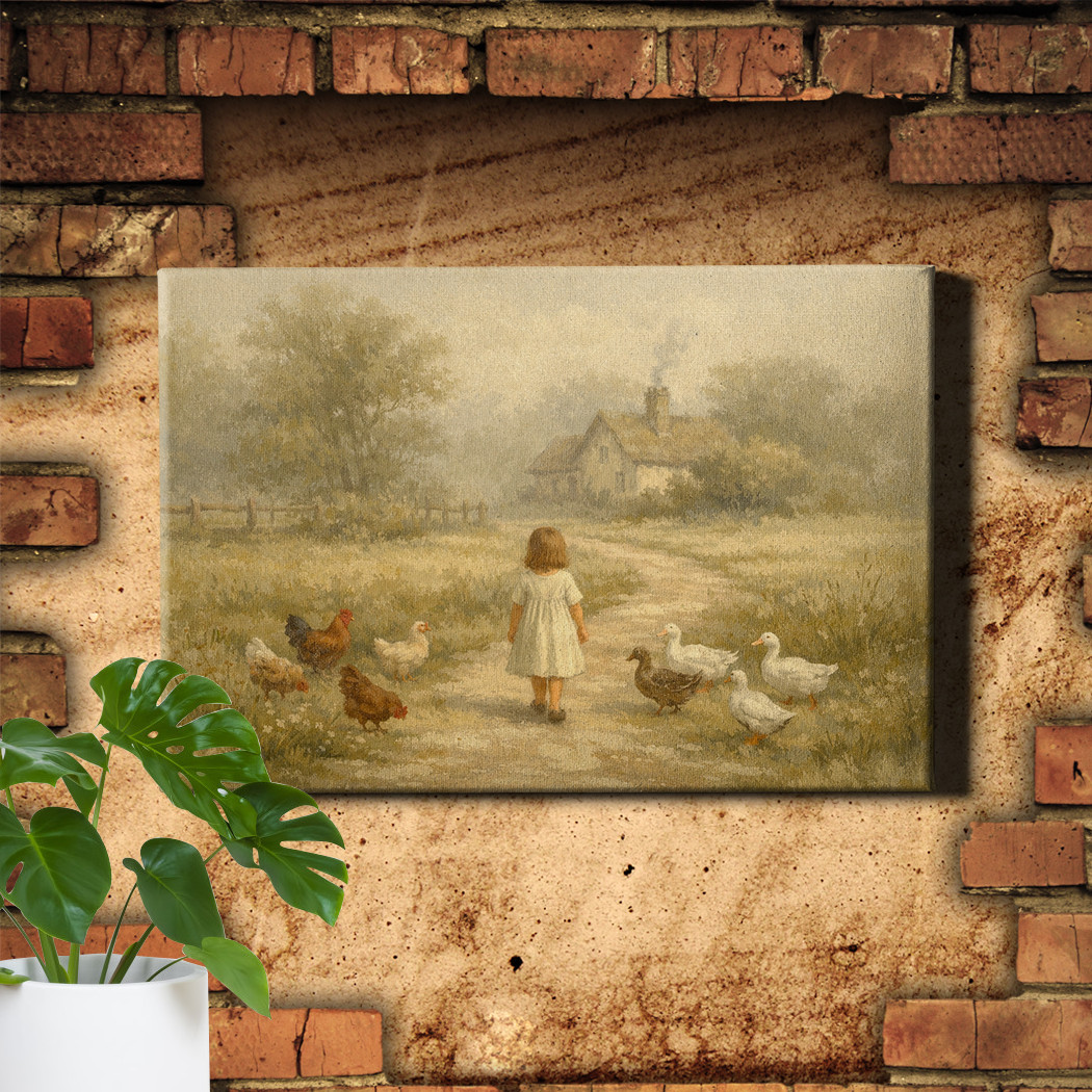 Farmhouse Girl Chickens Vintage Countryside Painting Framed Canvas Wall Art