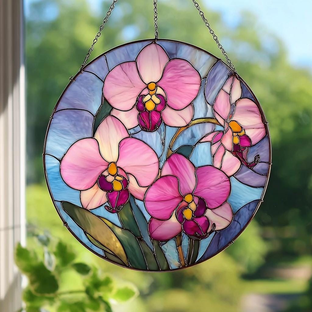 Orchid Stained Glass , Round Pink and Purple Flower Window Panel, Eleg