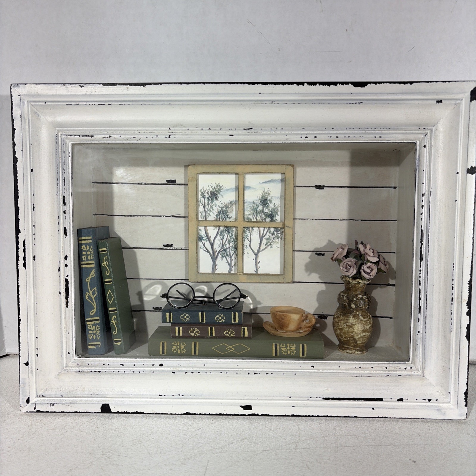 Farmhouse Distressed Framed Shadow Box Floral Vase Books Library Decor