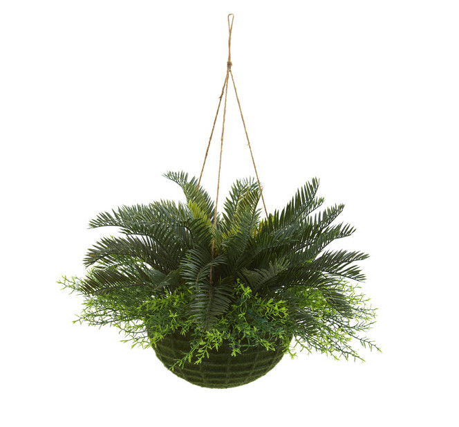 Cycas Artificial Plant In Mossy Hanging Basket Realistic Nearly Natural Decor
