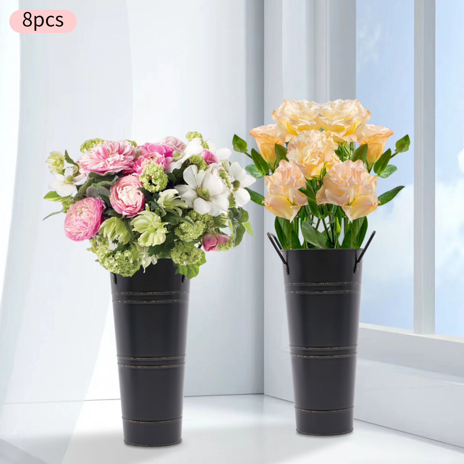 8-Pack Black Galvanized Metal Bucket Vases For Elegant Flower Arrangements