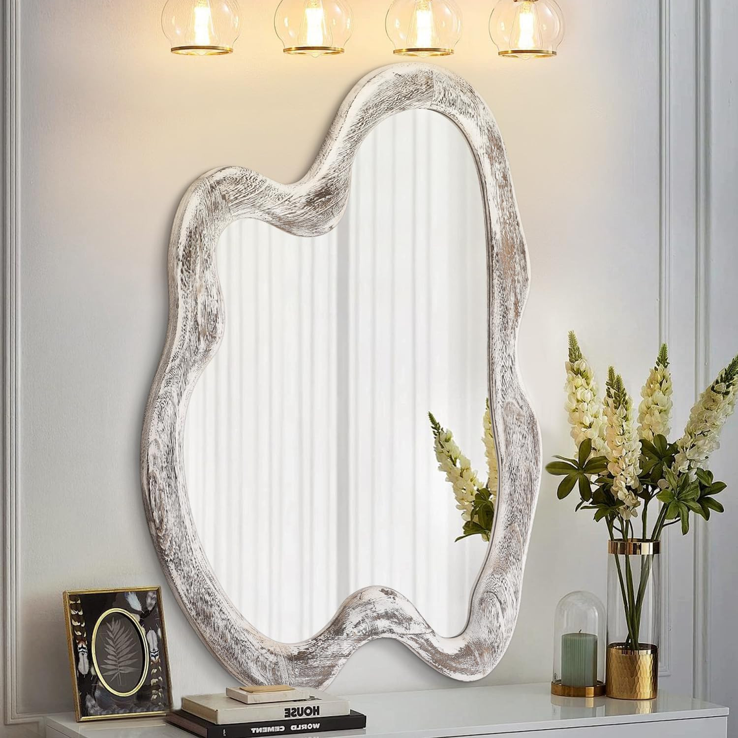 Large Irregular Wooden Wall Mirror 32&Prime;x24&Prime; Vintage Decor for Any Room