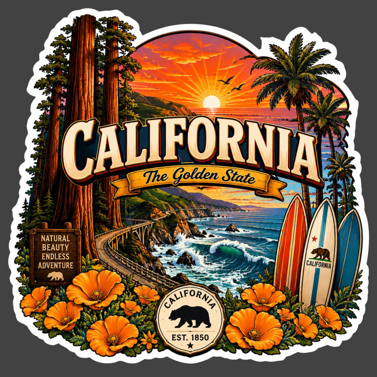 California Sticker Vinyl Decal Pacific Coast Highway Redwoods Surf Travel