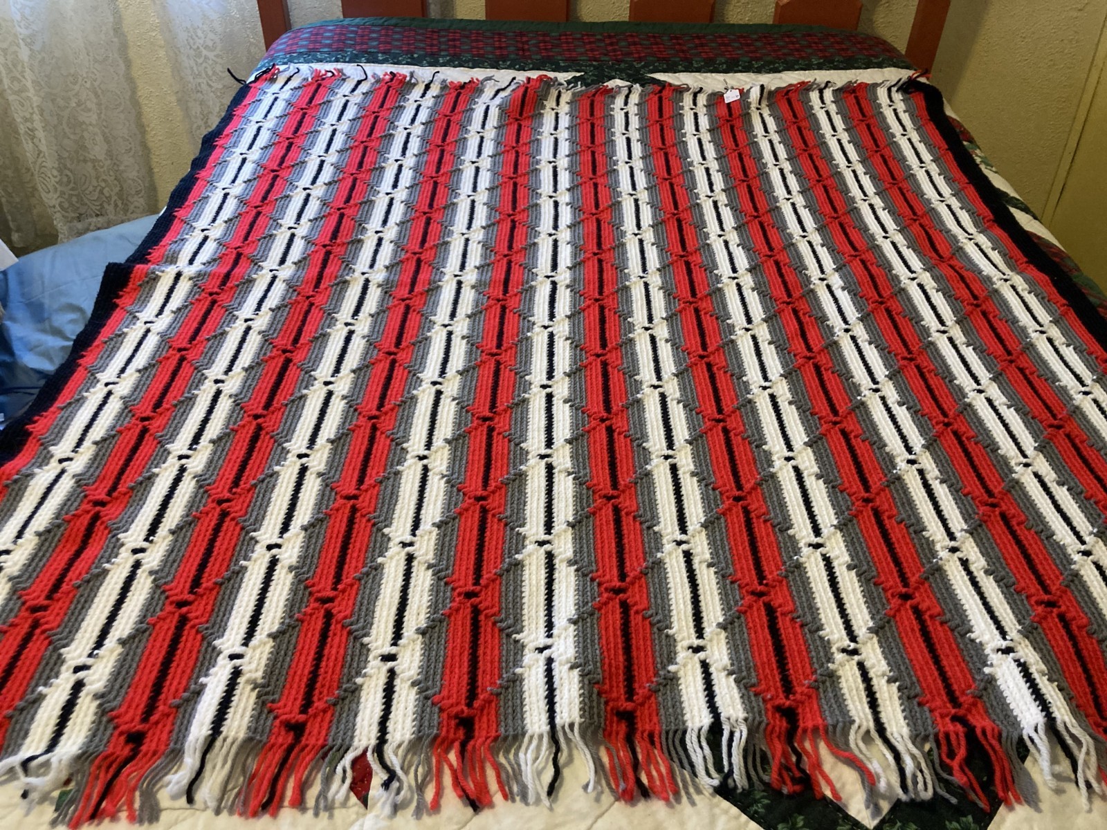 Handmade crochet red/black/gray/white Afghan 57&Prime; x 51&Prime;nice
