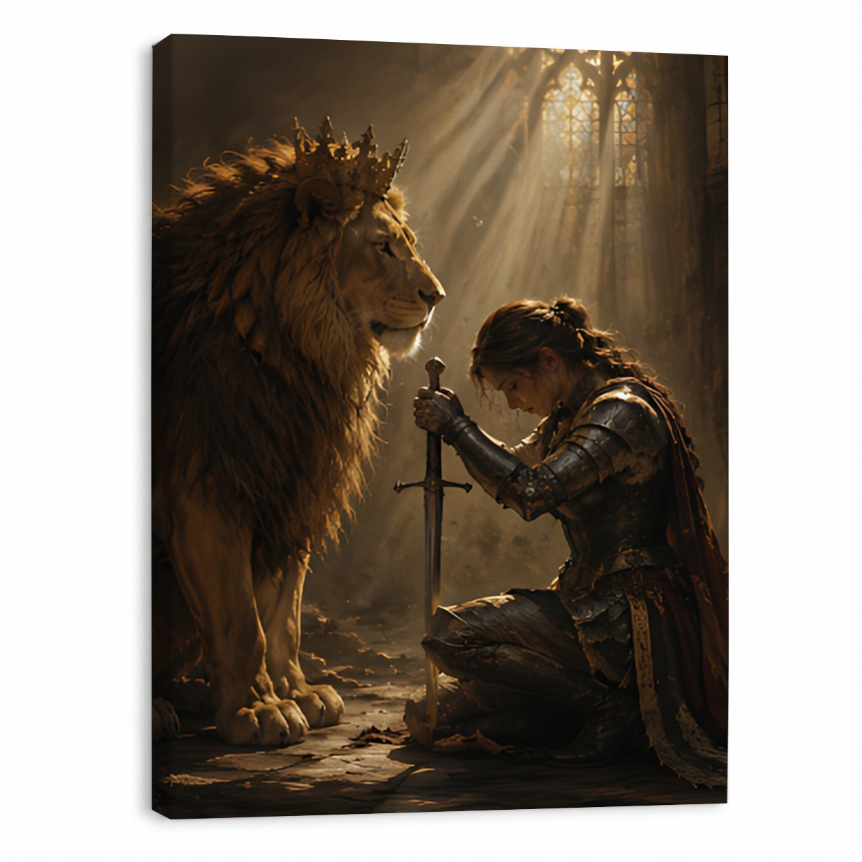 Medieval Knight Female Warrior Lion King Canvas Wall Art Fantasy Gothic Decor