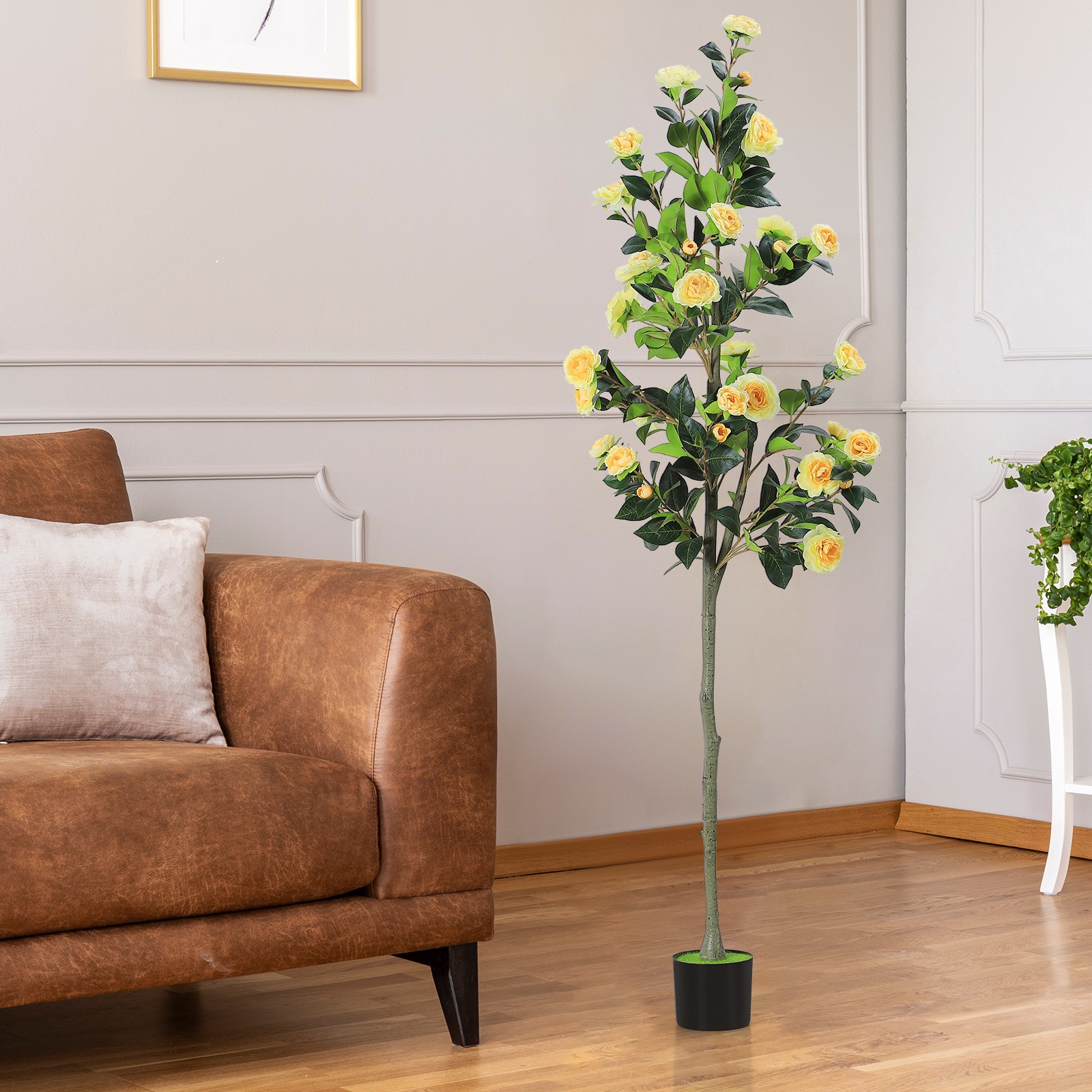 6FT Artificial Camellia Tree, Realistic Yellow Fake Elegant Plant Indoor Plants