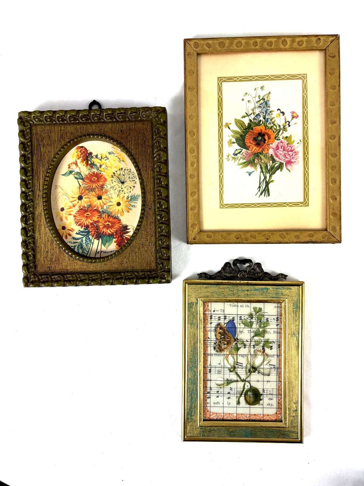 Vintage Lot of 3 Pictures Floral Prints Gold Framed Cottage Farmhouse