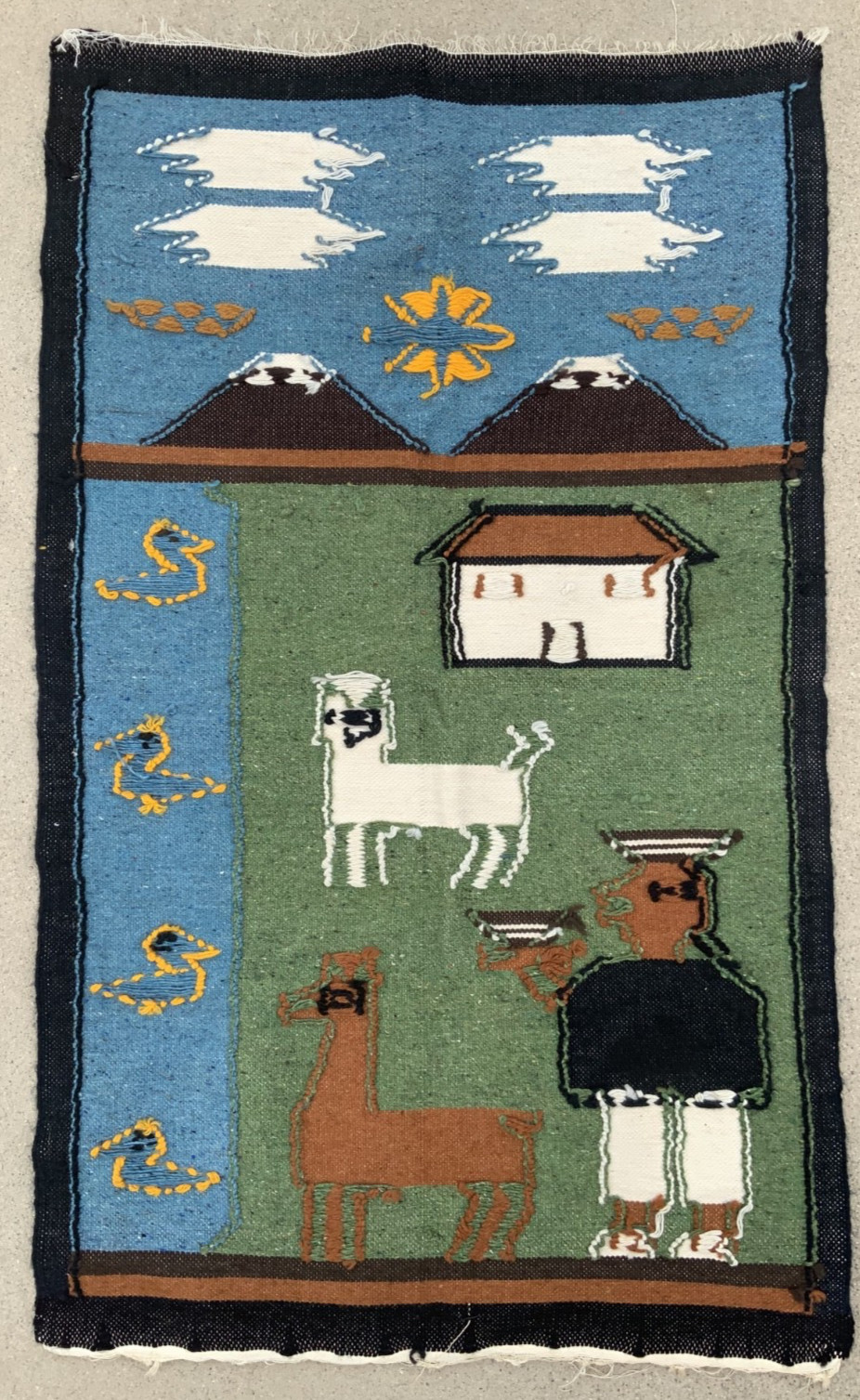 Vintage Peruvian Tapestry Hand Woven Wool Farm Landscape South America 26 X 43