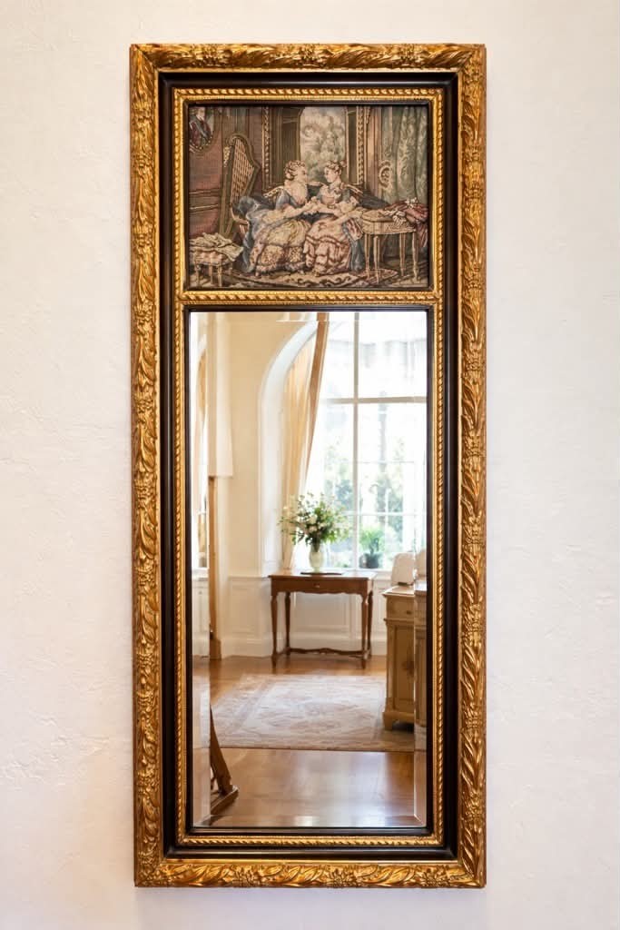 Vintage Gold Gilt Wall Mirror w/ Tapestry Insert 35×15 Ornate Hollywood Regency