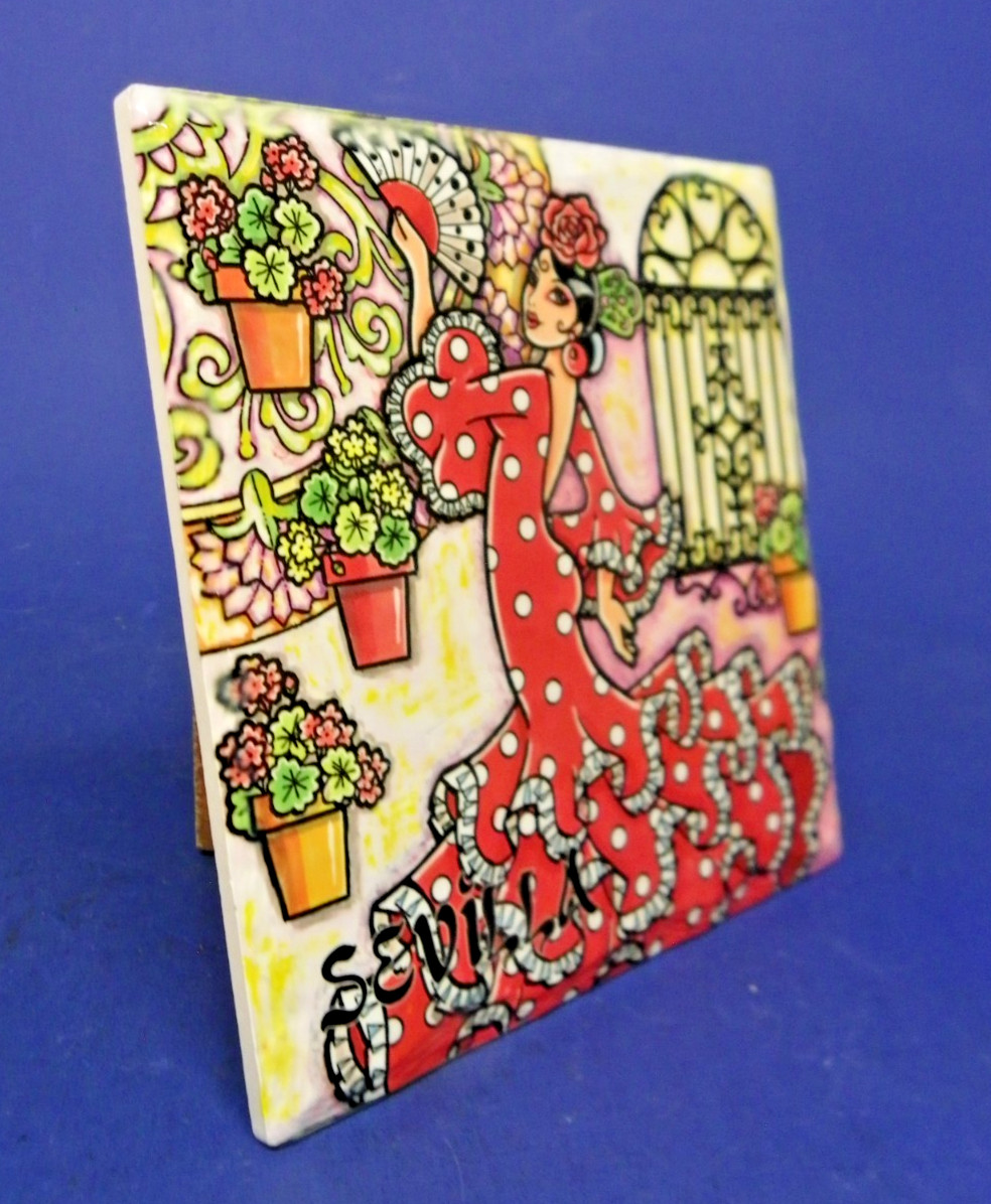 Flamenco Dancer Glossy Ceramic Tile Wall Hanging Plaque Sevilla Spain 6.5&Prime; x6.5