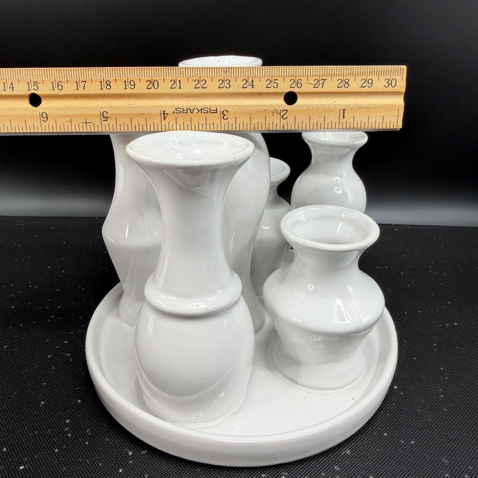 White Ceramic Multi Bud Vase Cluster 6 Opening Attached Floral Centerpiece 6in