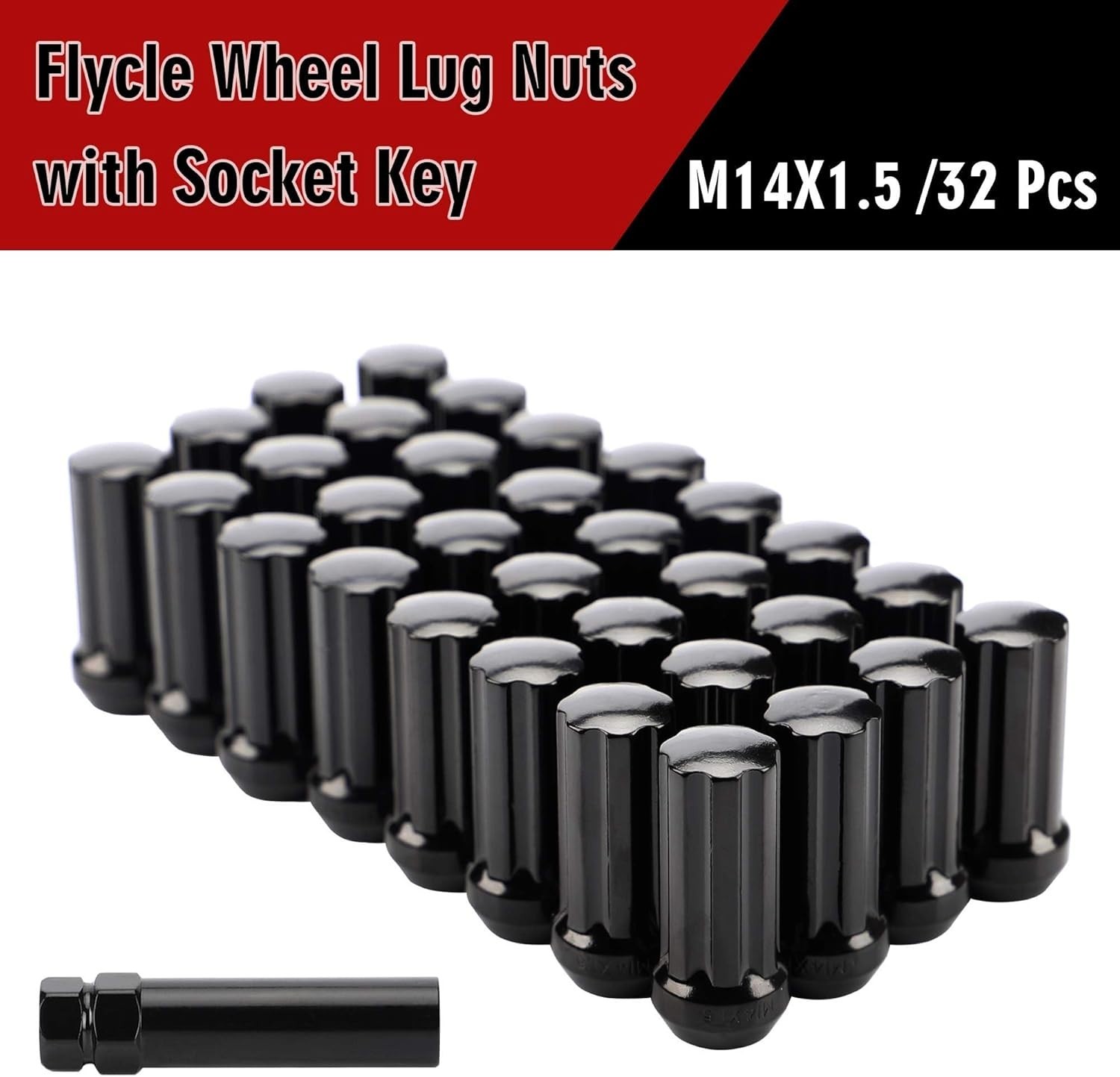 M14X1.5 Wheel Lug Nuts, 32Pcs Black 14Mmx1.5 Spline Lug Nut 2 Inch Tall with 1 S