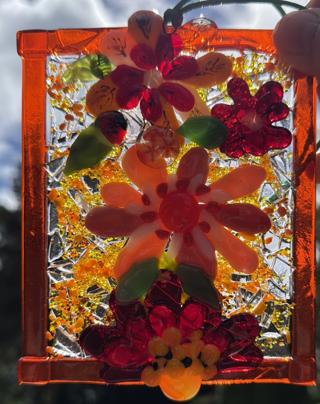 Fused Glass Handmade Flowered Rectangular Multicolor Sun Catcher Signed