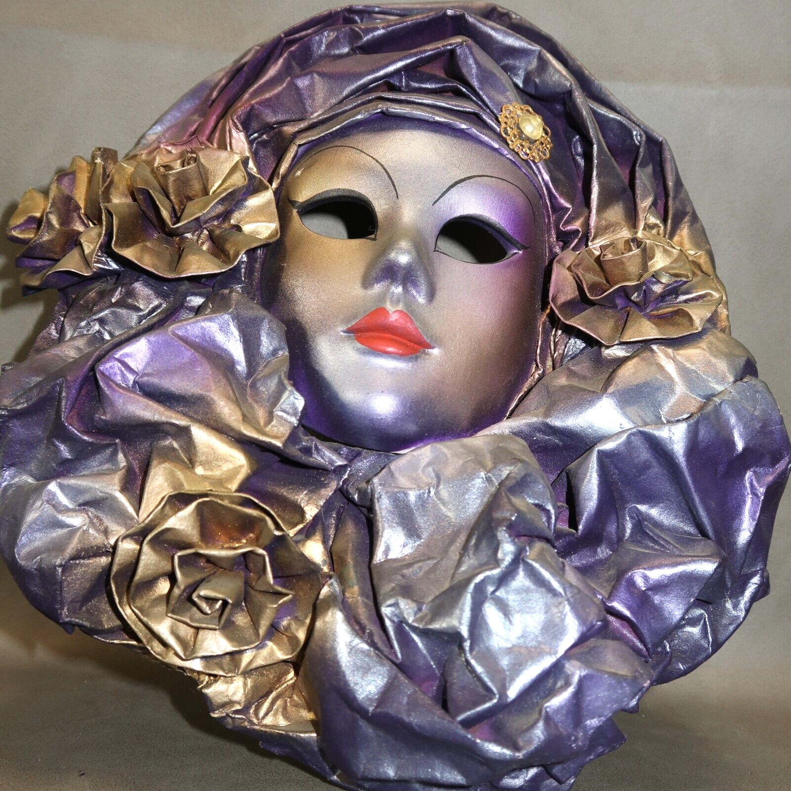 10&Prime; Italian Garanzia Mirho Ceramic Wall Mask Paper Mache 3D Purple Gold Italy