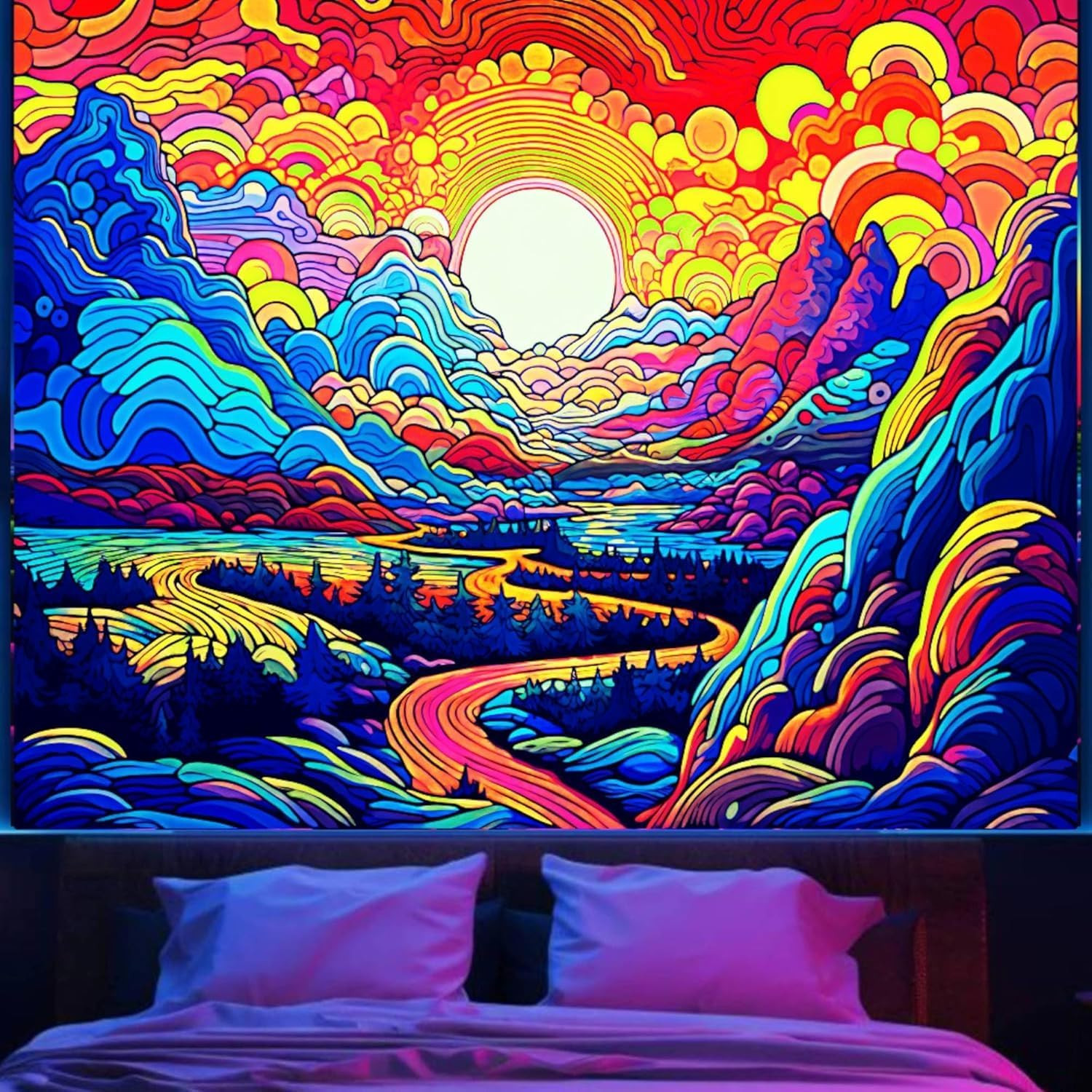 Blacklight Posters Sun Mountain Tapestry for Bedroom Aesthetic, Black Light UV R