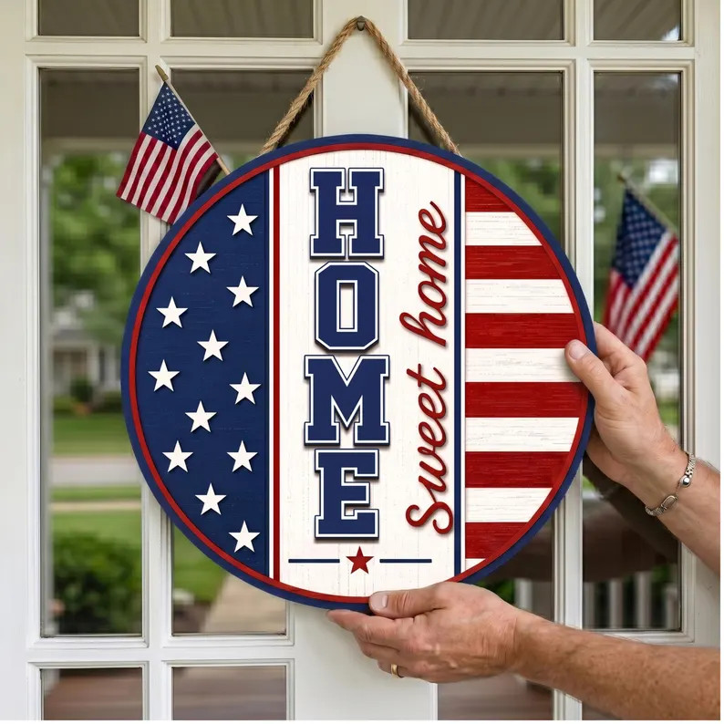 Patriotic Home Sweet Home Wall Sign with Rope Decor