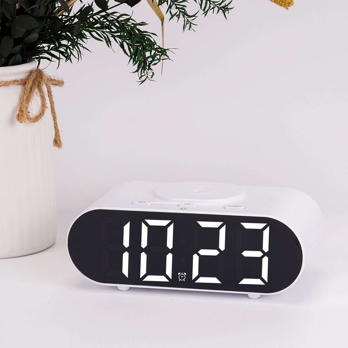 Modern Digital LED Nightstand Alarm Clock With Wireless Phone Charger NEW