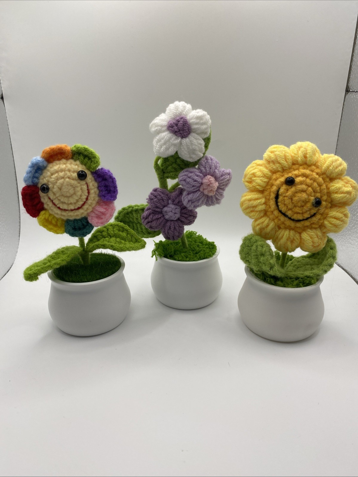Crochet Knitted Flower In Pot Sunflower, Multi, Purple handmade Gift NEW