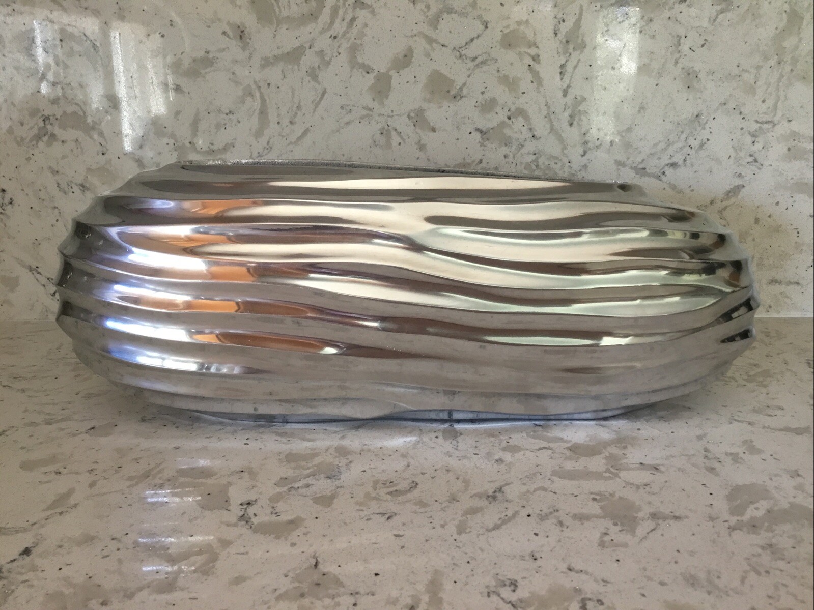 Lenox Donna Karan Sculpted Metal Low Vase Silver Ripple Design 14.9&Prime; w x 5&Prime; t