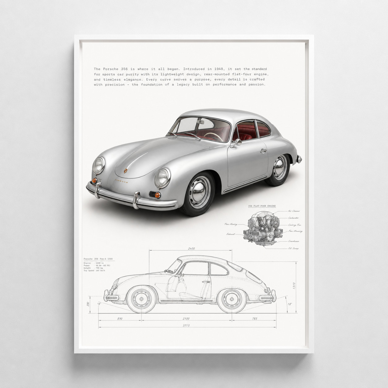 Porsche 356 Poster, Vintage Sports Car, Wall Art Decor Print Garage Gift for Him