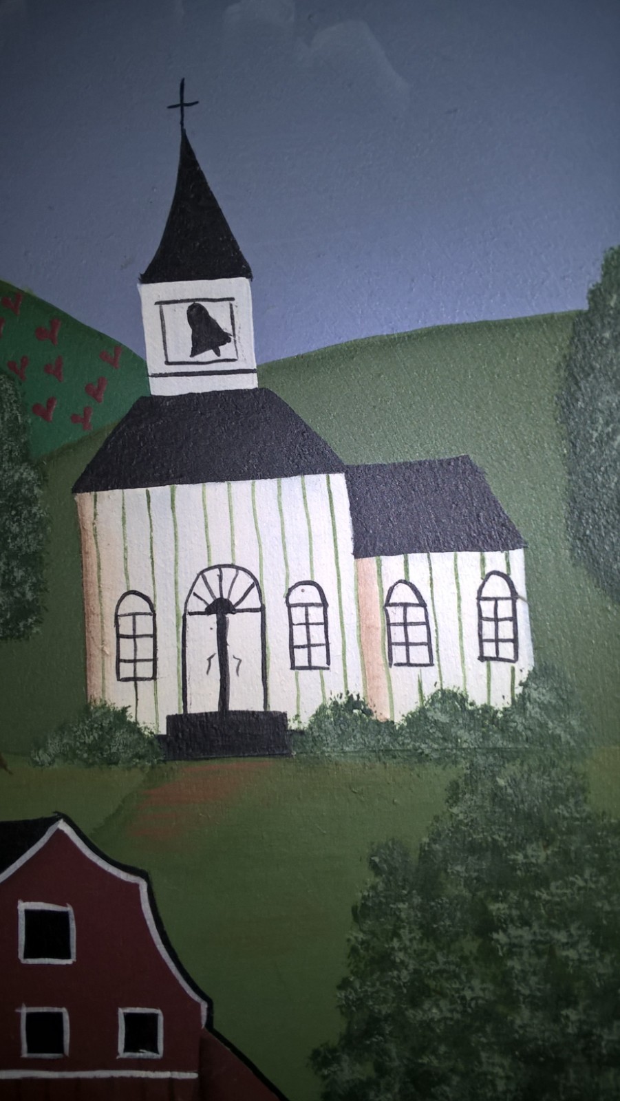 Vintage 101/2 In Hand Painted Folk Art Wood Bowl Farm Scene Sheep Barn Church